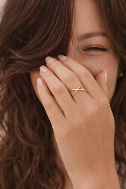 Gold Crossover Ring, Waterproof Gold X Ring, Minimalist Open Band Ring