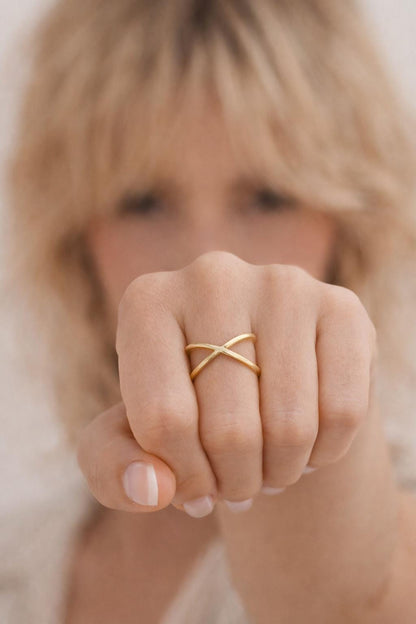 Gold Crossover Ring, Waterproof Gold X Ring, Minimalist Open Band Ring