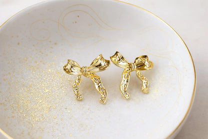 18k Gold Filled Bow Studs Earrings, Gold Ribbon Earrings, Bowtie Knot Earrings