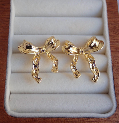 18k Gold Filled Bow Studs Earrings, Gold Ribbon Earrings, Bowtie Knot Earrings