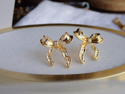 18k Gold Filled Bow Studs Earrings, Gold Ribbon Earrings, Bowtie Knot Earrings