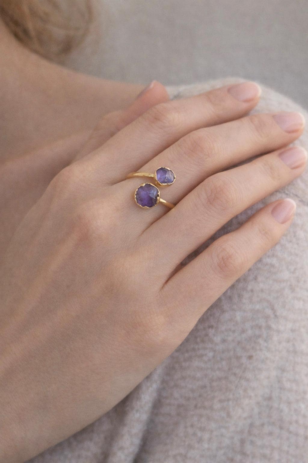 Raw Amethyst Open Wrap Ring – Adjustable Gold Ring with Double Purple Gemstones – February  Birthstone Jewelry