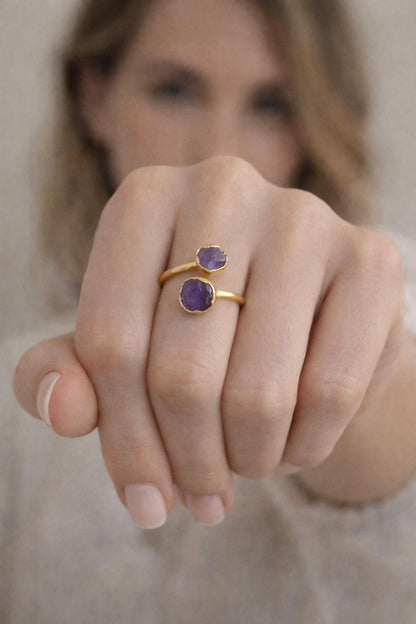 Raw Amethyst Open Wrap Ring – Adjustable Gold Ring with Double Purple Gemstones – February  Birthstone Jewelry