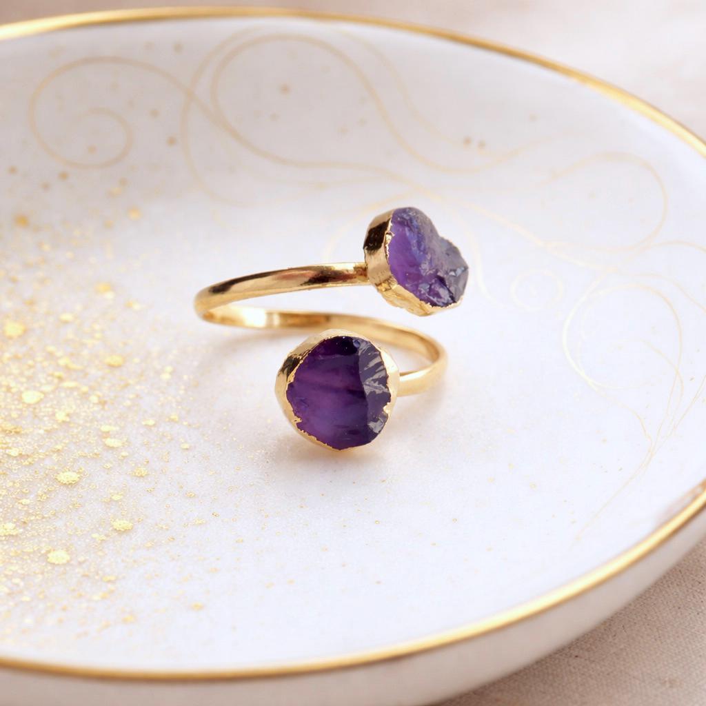 Raw Amethyst Open Wrap Ring – Adjustable Gold Ring with Double Purple Gemstones – February  Birthstone Jewelry