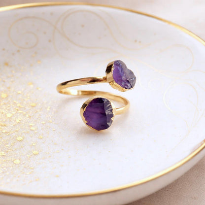 Raw Amethyst Open Wrap Ring – Adjustable Gold Ring with Double Purple Gemstones – February  Birthstone Jewelry