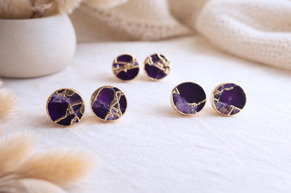 Purple Amethyst Mojave Stud Earrings – Round Gemstone Studs,  February Birthstone Gift, Kintsugi Post Earrings
