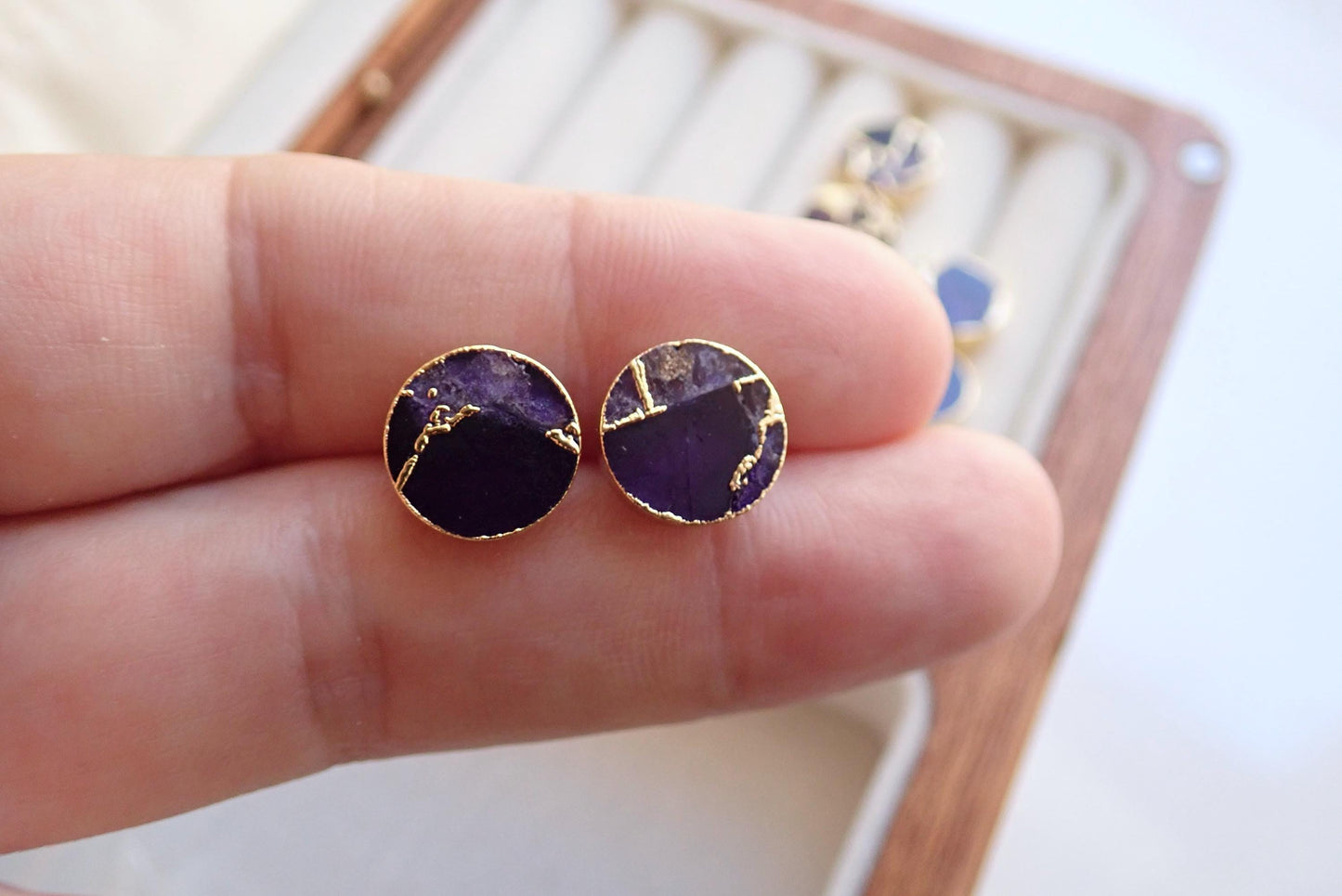 Purple Amethyst Mojave Stud Earrings – Round Gemstone Studs,  February Birthstone Gift, Kintsugi Post Earrings