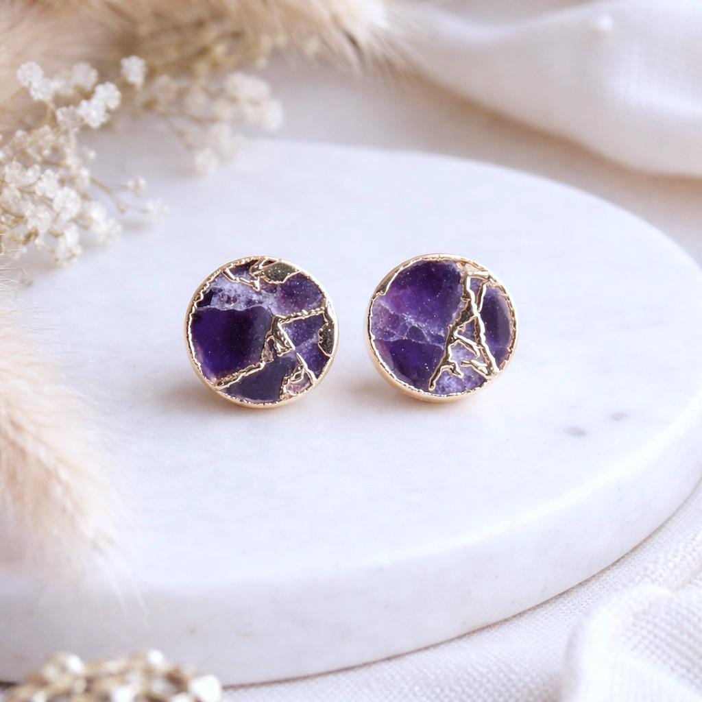 Purple Amethyst Mojave Stud Earrings – Round Gemstone Studs,  February Birthstone Gift, Kintsugi Post Earrings
