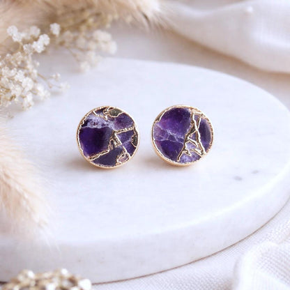 Purple Amethyst Mojave Stud Earrings – Round Gemstone Studs,  February Birthstone Gift, Kintsugi Post Earrings