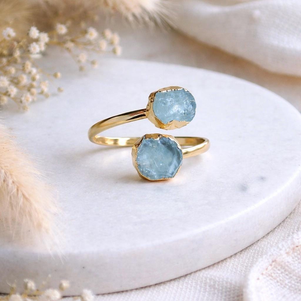 Raw Aquamarine Open Wrap Ring – Adjustable Gold Ring with Double Pale Blue Gemstones, March Birthstone Jewelry