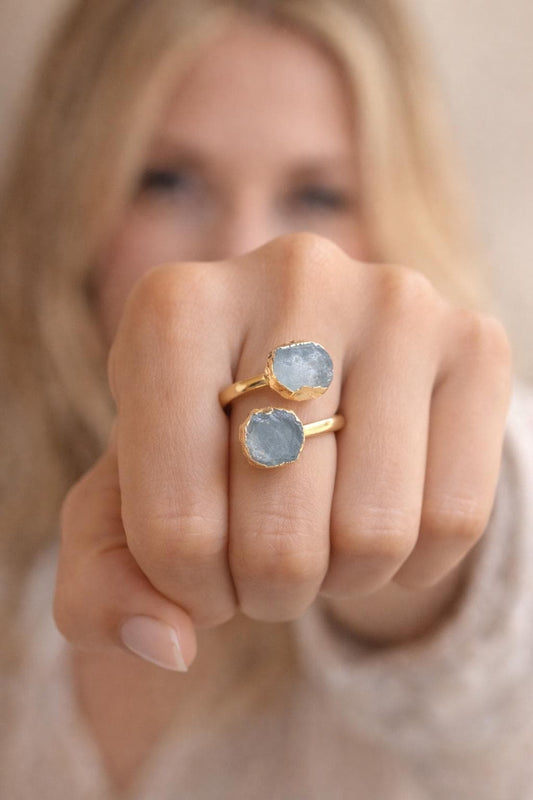 Raw Aquamarine Open Wrap Ring – Adjustable Gold Ring with Double Pale Blue Gemstones, March Birthstone Jewelry