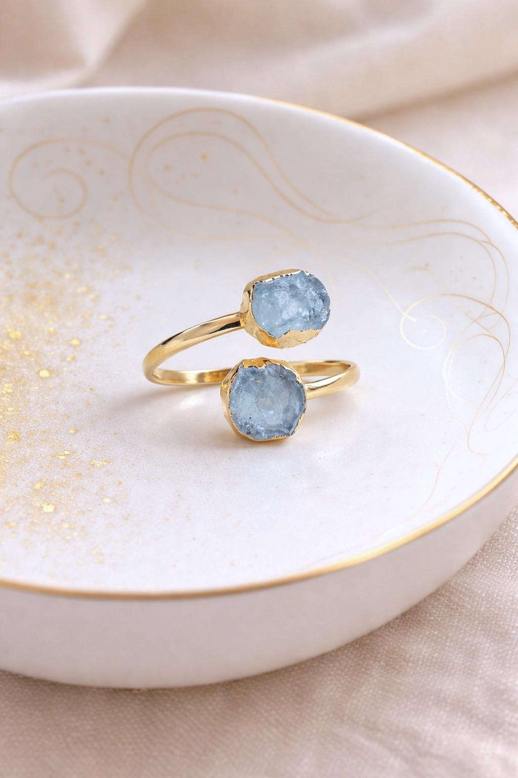 Raw Aquamarine Open Wrap Ring – Adjustable Gold Ring with Double Pale Blue Gemstones, March Birthstone Jewelry