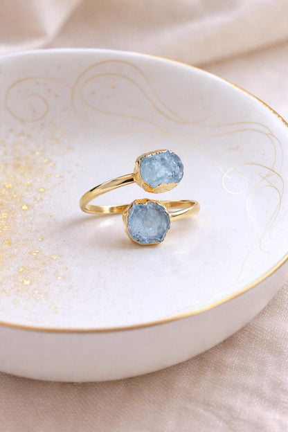 Raw Aquamarine Open Wrap Ring – Adjustable Gold Ring with Double Pale Blue Gemstones, March Birthstone Jewelry