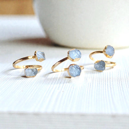 Raw Aquamarine Open Wrap Ring – Adjustable Gold Ring with Double Pale Blue Gemstones, March Birthstone Jewelry