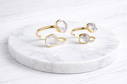 Herkimer Diamond Open Wrap Ring – Adjustable Gold Ring with Double Gemstones, April Birthstone Jewelry