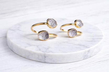 Herkimer Diamond Open Wrap Ring – Adjustable Gold Ring with Double Gemstones, April Birthstone Jewelry