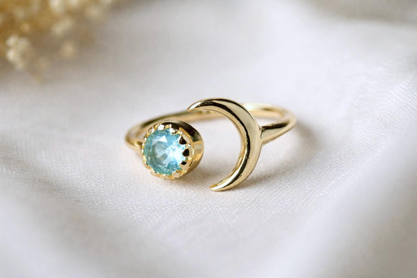 Aquamarine Crescent Moon Ring • Open Gemstone Ring, Adjustable Birthstone Rings