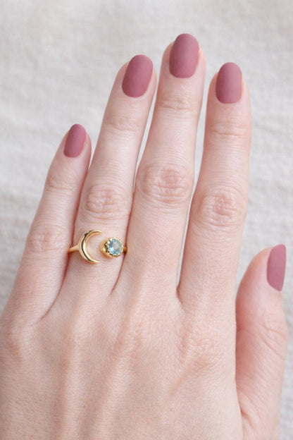 Black Stone Crescent Moon Ring • Onyx CZ Ring, Open Gemstone Ring, Adjustable Stone Ring, Gold Celestial Jewelry