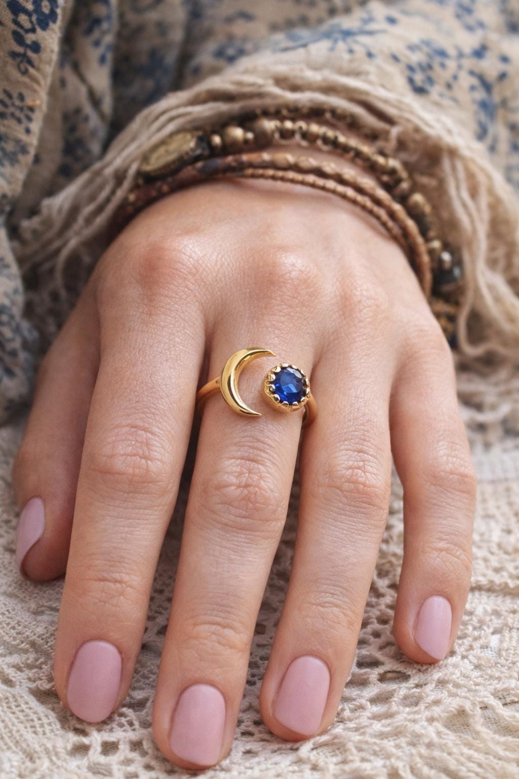 Black Stone Crescent Moon Ring • Onyx CZ Ring, Open Gemstone Ring, Adjustable Stone Ring, Gold Celestial Jewelry