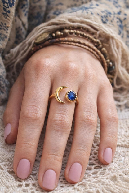 Aquamarine Crescent Moon Ring • Open Gemstone Ring, Adjustable Birthstone Rings