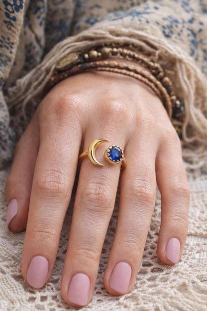 Sapphire Crescent Moon Ring • September Birthstone Gift, Open Gemstone Ring