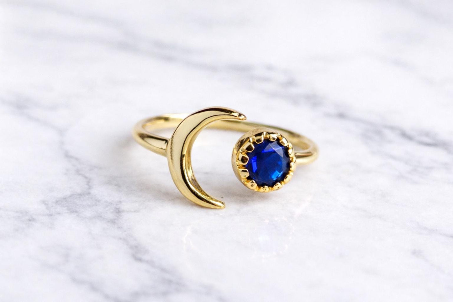 Sapphire Crescent Moon Ring • September Birthstone Gift, Open Gemstone Ring