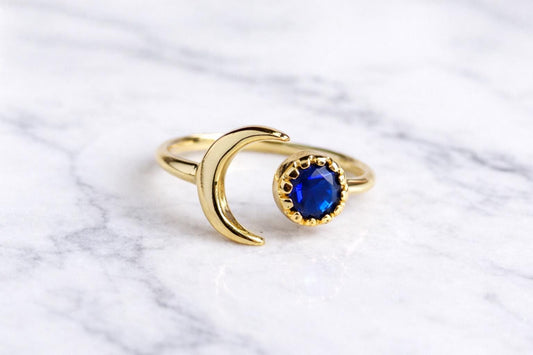 Sapphire Crescent Moon Ring • September Birthstone Gift, Open Gemstone Ring