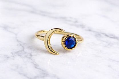 Aquamarine Crescent Moon Ring • Open Gemstone Ring, Adjustable Birthstone Rings