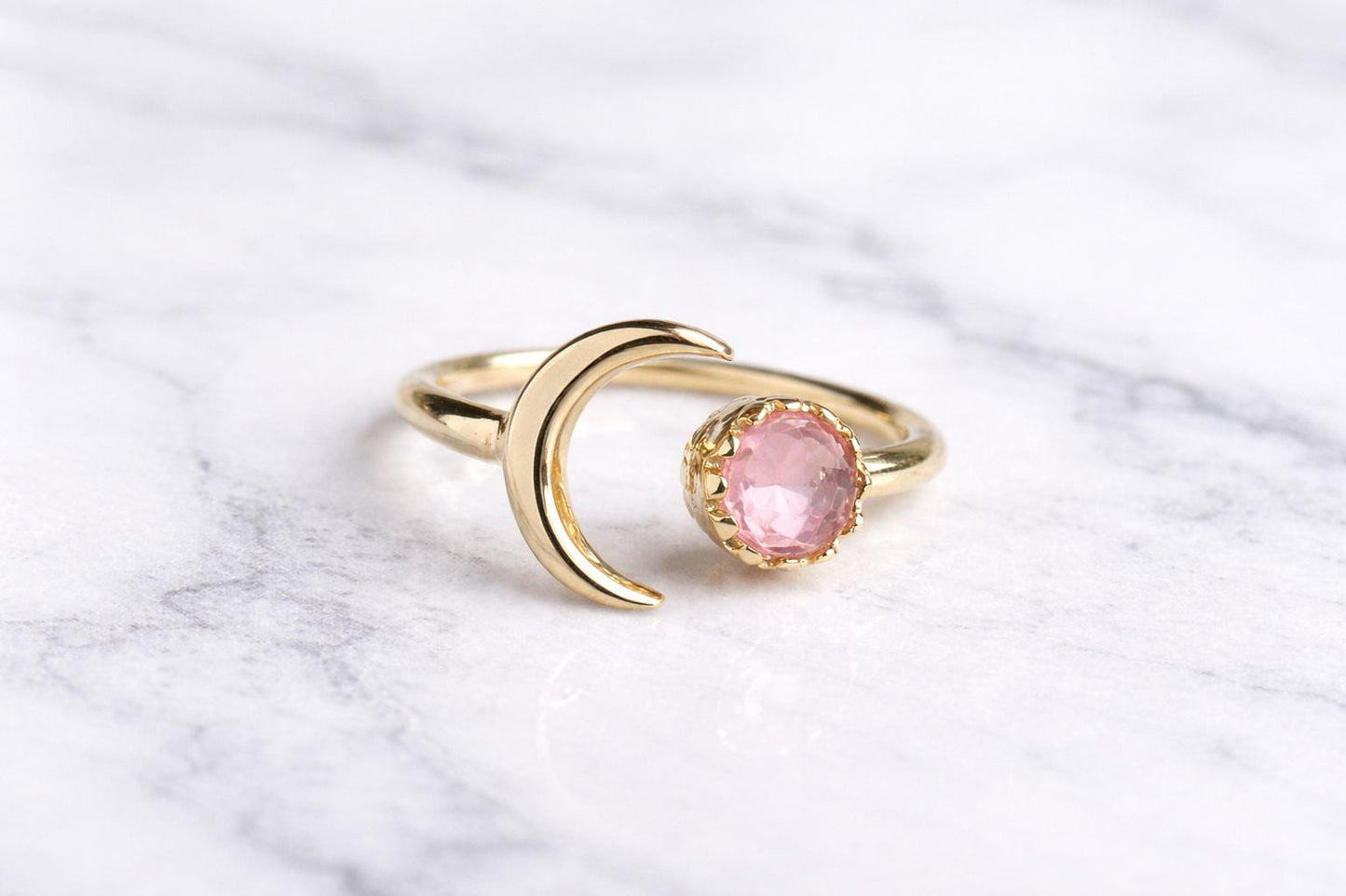 Pink Crystal Crescent Moon Ring • October  Birthstone Gift, Open Gemstone Ring, Adjustable Birthstone Rings,  Blue Crystal Celestial Jewelry