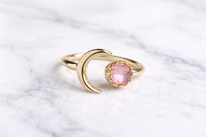 Pink Crystal Crescent Moon Ring • October  Birthstone Gift, Open Gemstone Ring, Adjustable Birthstone Rings,  Blue Crystal Celestial Jewelry