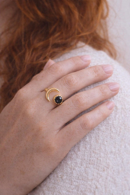 Black Stone Crescent Moon Ring • Onyx CZ Ring, Open Gemstone Ring, Adjustable Stone Ring, Gold Celestial Jewelry