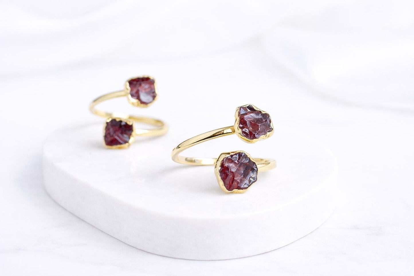Raw Garnet Adjustable Ring Gold | January Birthstone Jewelry | Open Wrap Ring with Two Natural Red Gemstones – Garnet Ring Gift for Her