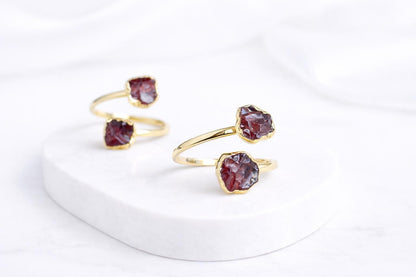 Raw Garnet Adjustable Ring Gold | January Birthstone Jewelry | Open Wrap Ring with Two Natural Red Gemstones – Garnet Ring Gift for Her