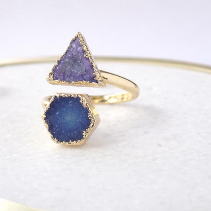Gold Druzy Geometric Ring, Electroplated Quartz Statement Ring, Blue Purple Gemstone Wrap (Adjustable)