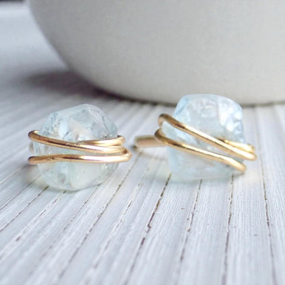 Tiny Raw Aquamarine Stud Earrings, Gold Filled Wire Wrapped Gemstone Posts, March Birthstone Jewelry, Dainty Natural Crystal Studs