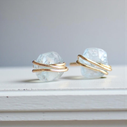 Tiny Raw Aquamarine Stud Earrings, Gold Filled Wire Wrapped Gemstone Posts, March Birthstone Jewelry, Dainty Natural Crystal Studs