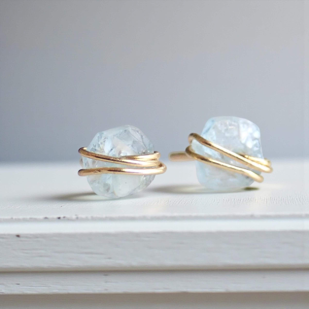 Tiny Raw Aquamarine Stud Earrings, Gold Filled Wire Wrapped Gemstone Posts, March Birthstone Jewelry, Dainty Natural Crystal Studs