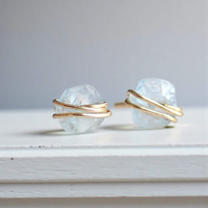 Tiny Raw Aquamarine Stud Earrings, Gold Filled Wire Wrapped Gemstone Posts, March Birthstone Jewelry, Dainty Natural Crystal Studs
