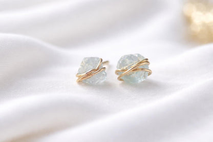 Tiny Raw Aquamarine Stud Earrings, Gold Filled Wire Wrapped Gemstone Posts, March Birthstone Jewelry, Dainty Natural Crystal Studs