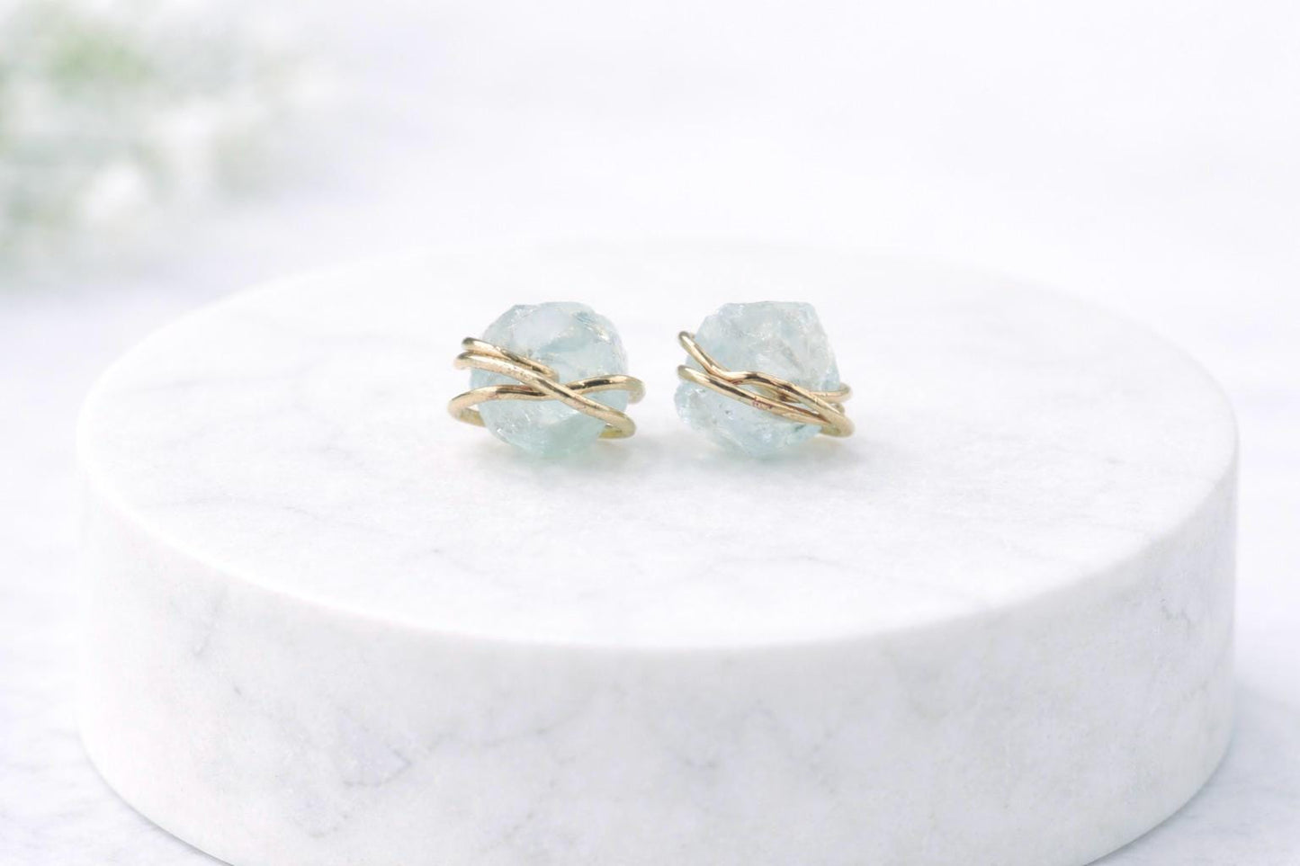 Tiny Raw Aquamarine Stud Earrings, Gold Filled Wire Wrapped Gemstone Posts, March Birthstone Jewelry, Dainty Natural Crystal Studs