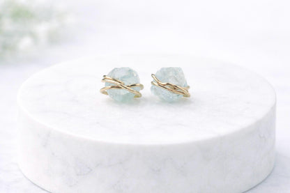 Tiny Raw Aquamarine Stud Earrings, Gold Filled Wire Wrapped Gemstone Posts, March Birthstone Jewelry, Dainty Natural Crystal Studs