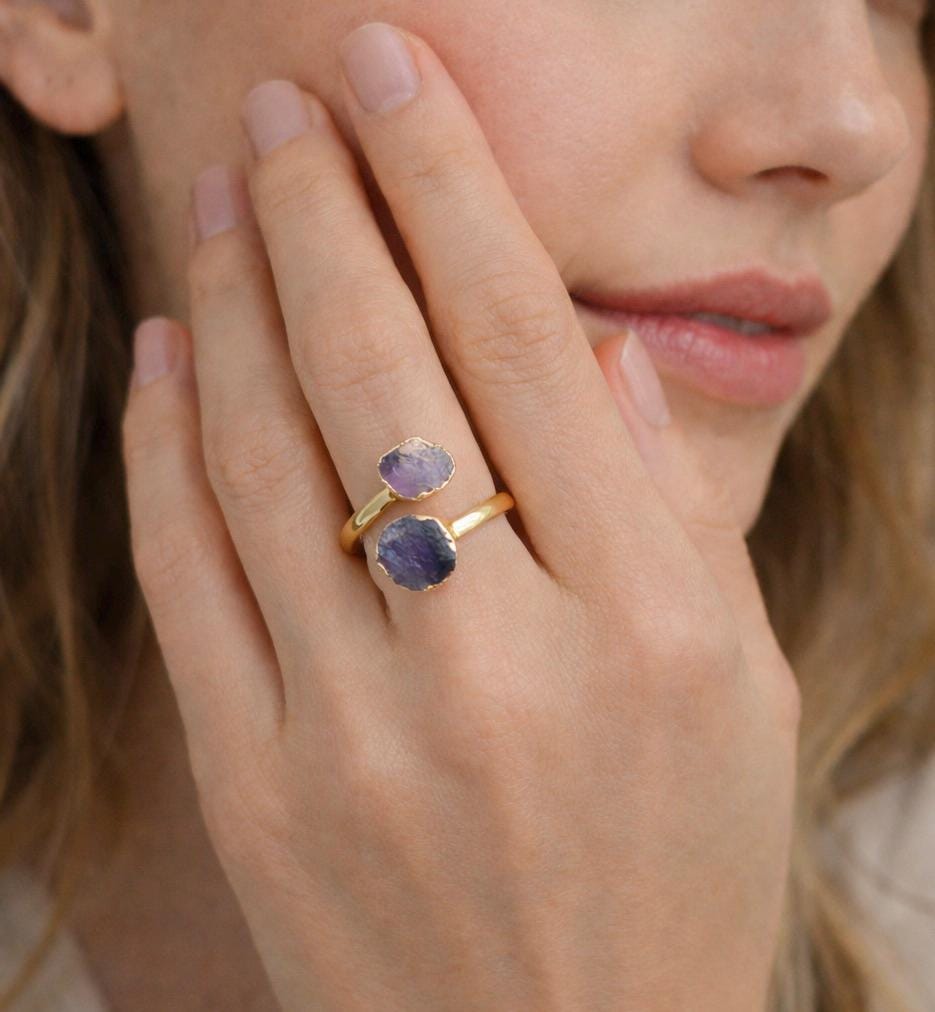 Raw Amethyst Open Wrap Ring – Adjustable Gold Ring with Double Purple Gemstones – February  Birthstone Jewelry