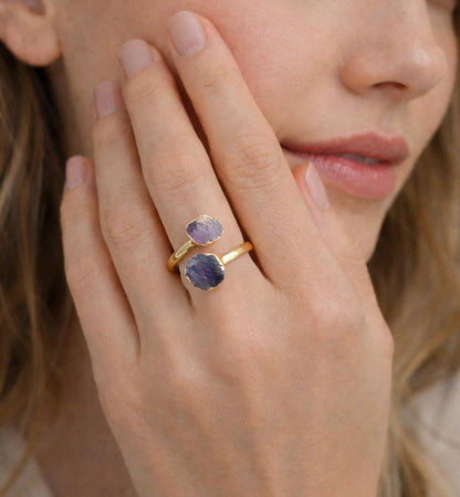 Raw Amethyst Open Wrap Ring – Adjustable Gold Ring with Double Purple Gemstones – February  Birthstone Jewelry