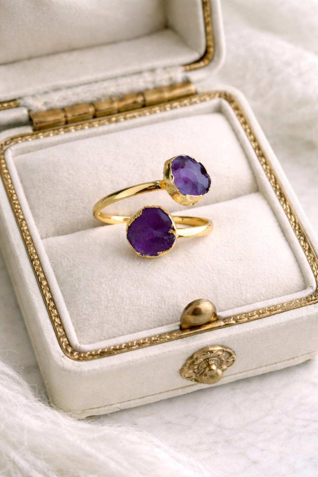 Raw Amethyst Open Wrap Ring – Adjustable Gold Ring with Double Purple Gemstones – February  Birthstone Jewelry