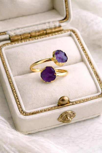 Raw Amethyst Open Wrap Ring – Adjustable Gold Ring with Double Purple Gemstones – February  Birthstone Jewelry