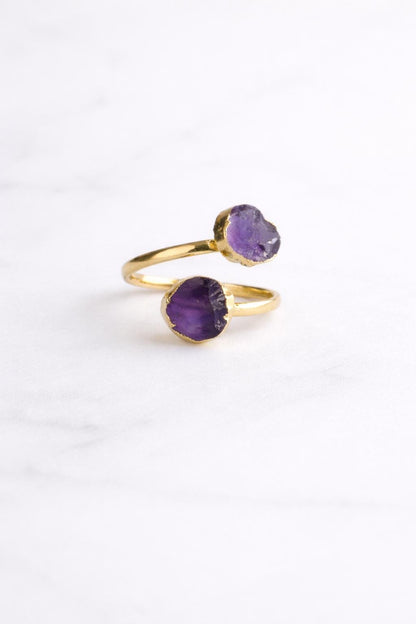 Raw Amethyst Open Wrap Ring – Adjustable Gold Ring with Double Purple Gemstones – February  Birthstone Jewelry