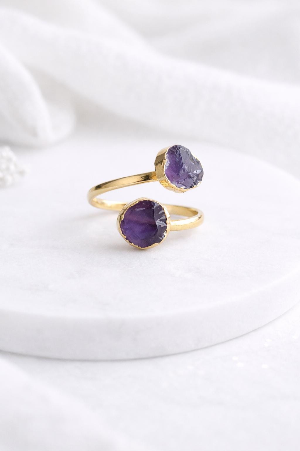 Raw Amethyst Open Wrap Ring – Adjustable Gold Ring with Double Purple Gemstones – February  Birthstone Jewelry