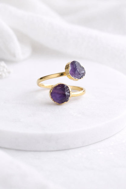 Raw Amethyst Open Wrap Ring – Adjustable Gold Ring with Double Purple Gemstones – February  Birthstone Jewelry