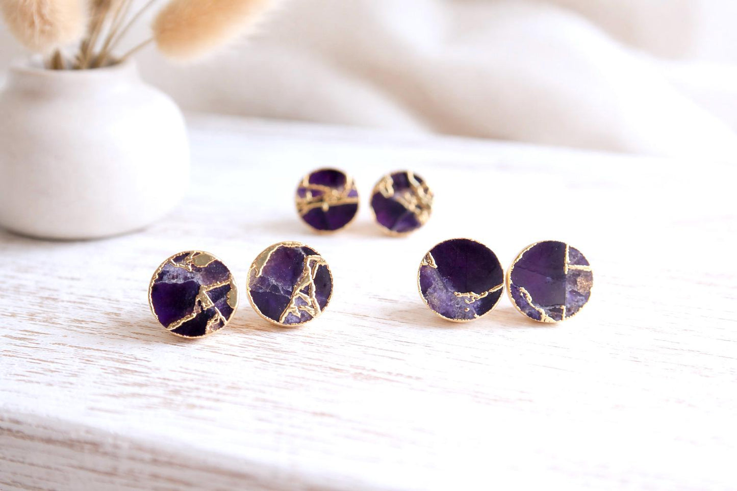 Purple Amethyst Mojave Stud Earrings – Round Gemstone Studs,  February Birthstone Gift, Kintsugi Post Earrings
