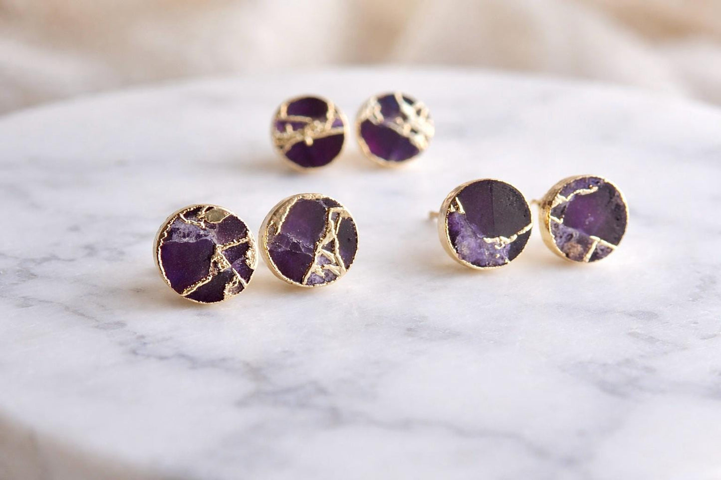 Purple Amethyst Mojave Stud Earrings – Round Gemstone Studs,  February Birthstone Gift, Kintsugi Post Earrings